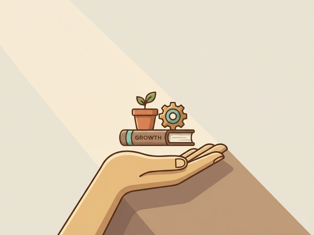 Open hand reaching upward balancing a tiny potted plant, small book, and gear wheel, flat vector art with warm earth tones