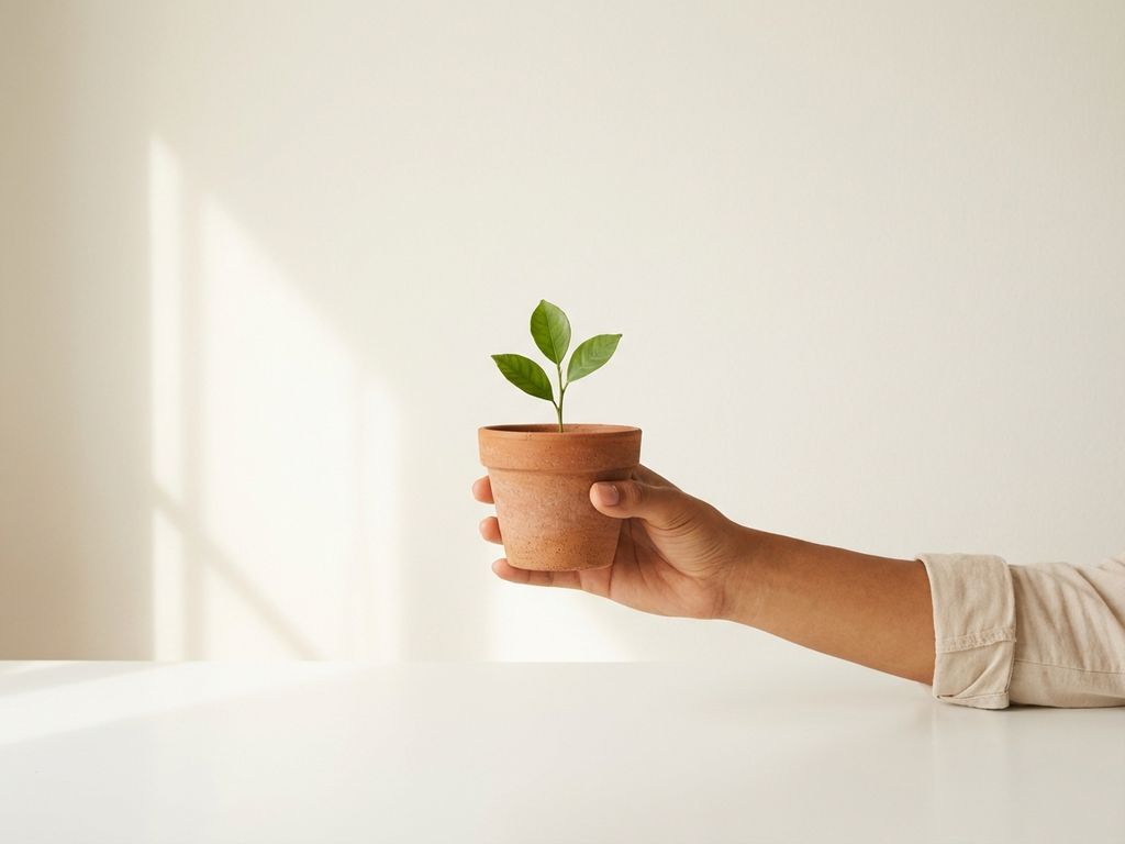 Hand reaching upward holding a small potted plant with fresh green leaves against a minimalist cream background in soft daylight