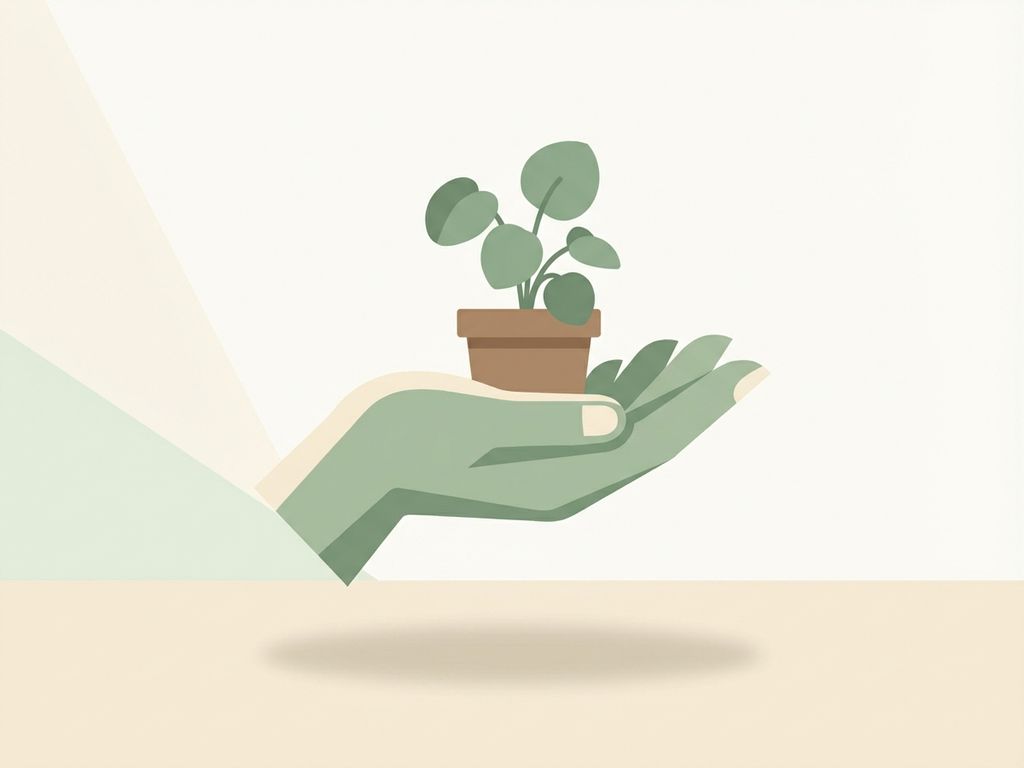 Open hand gently cradling a small potted plant with delicate leaves, minimalist vector illustration in sage green and cream tones