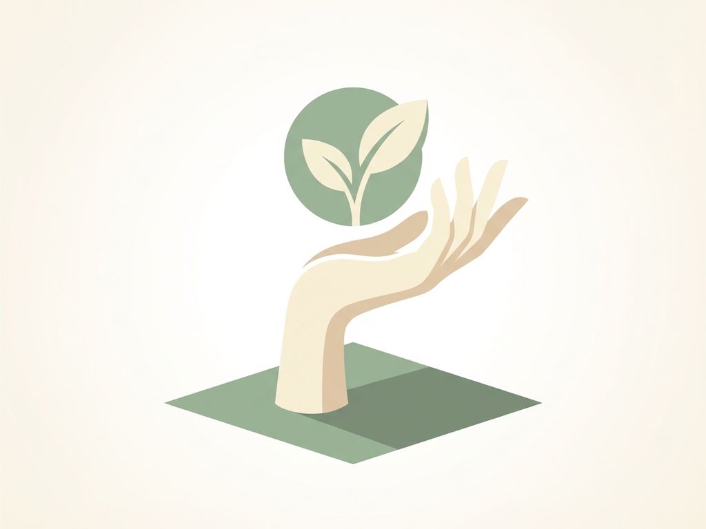 Hand reaching upward holding a small seedling in open palm, soft sage green and ivory tones, minimalist flat vector art style