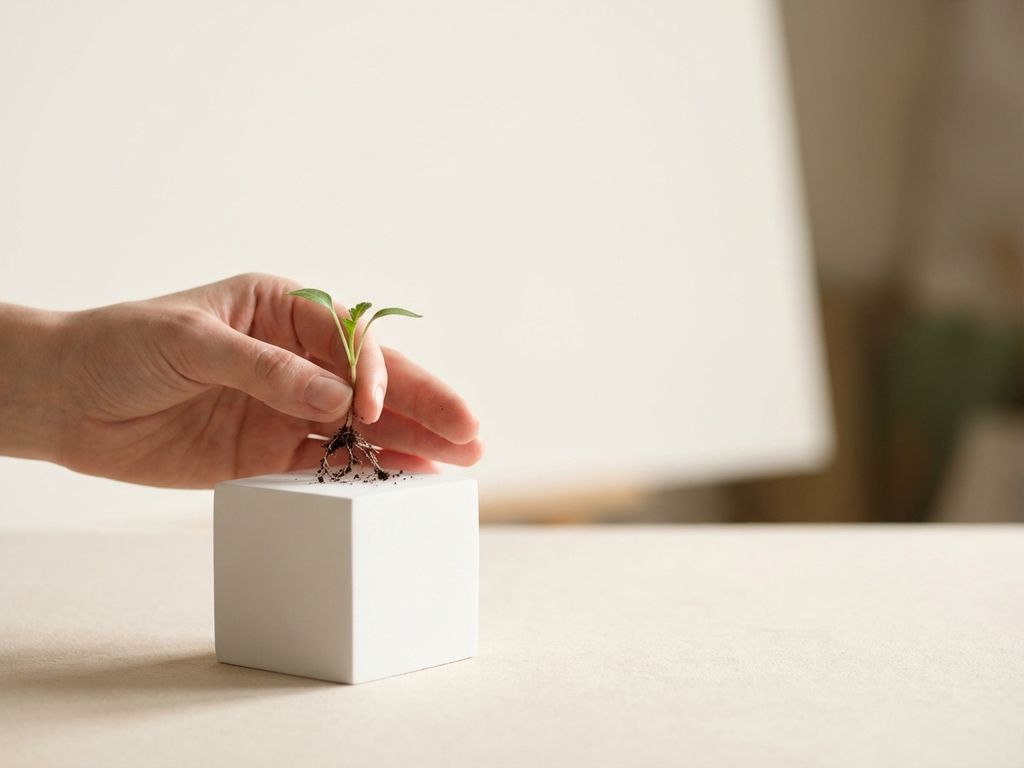 Hand holding a small seedling with visible roots growing from a white geometric cube, minimalist composition with soft natural light