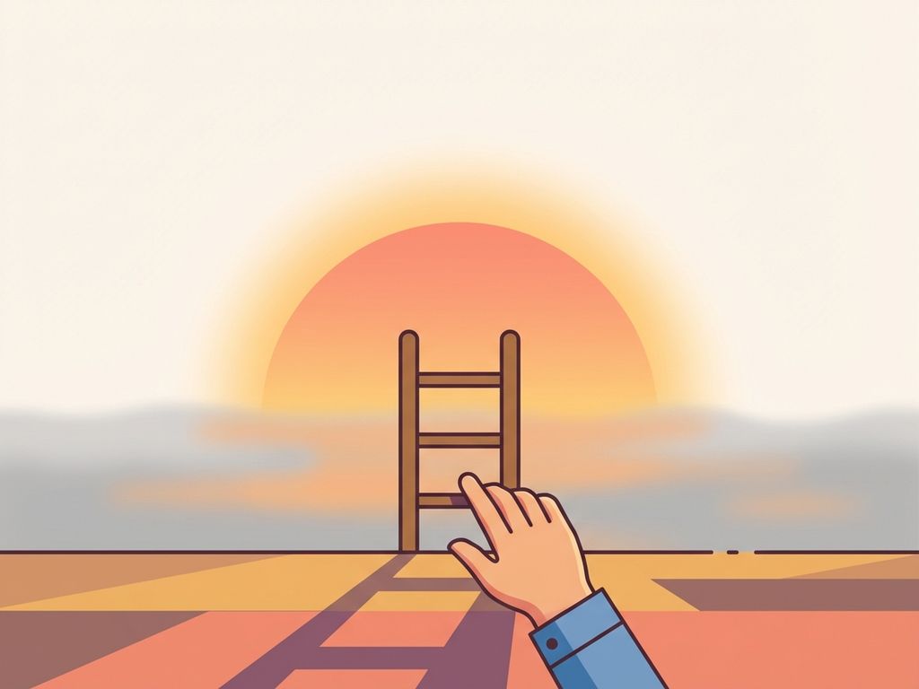 Hand reaching toward wooden ladder emerging from morning mist at sunrise, minimalist vector art with warm golden light