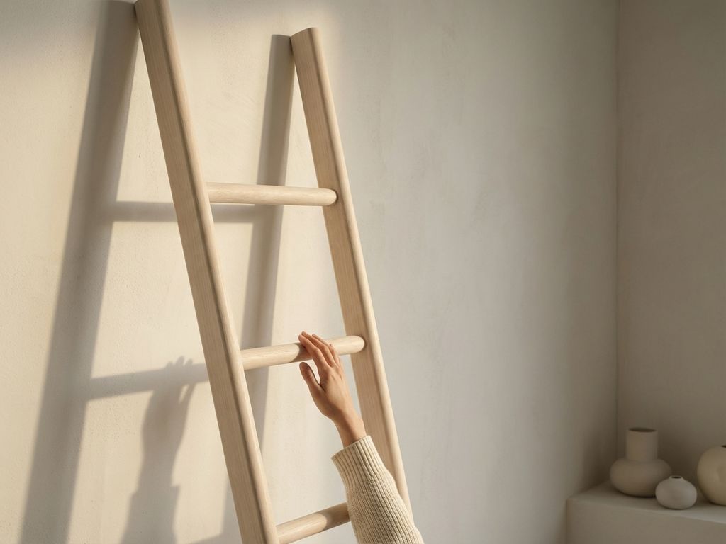 Hand reaching toward wooden ladder against neutral wall with warm geometric shadows, symbolizing growth and aspiration