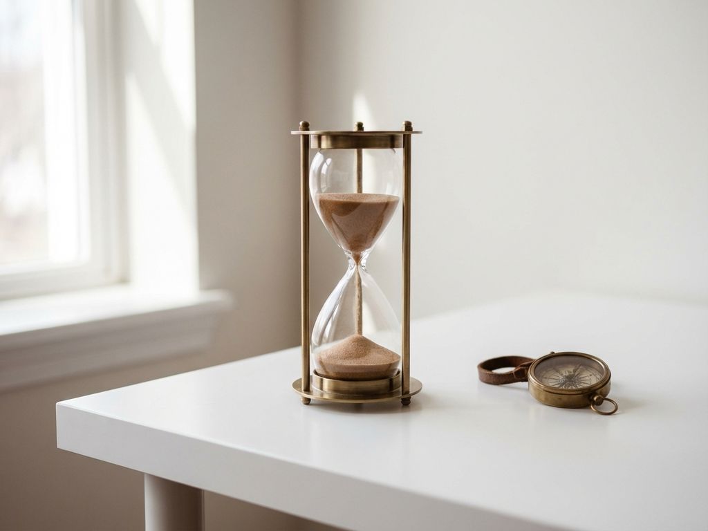 Elegant hourglass with flowing sand beside a small compass on white desk, soft natural lighting, minimalist earth tones