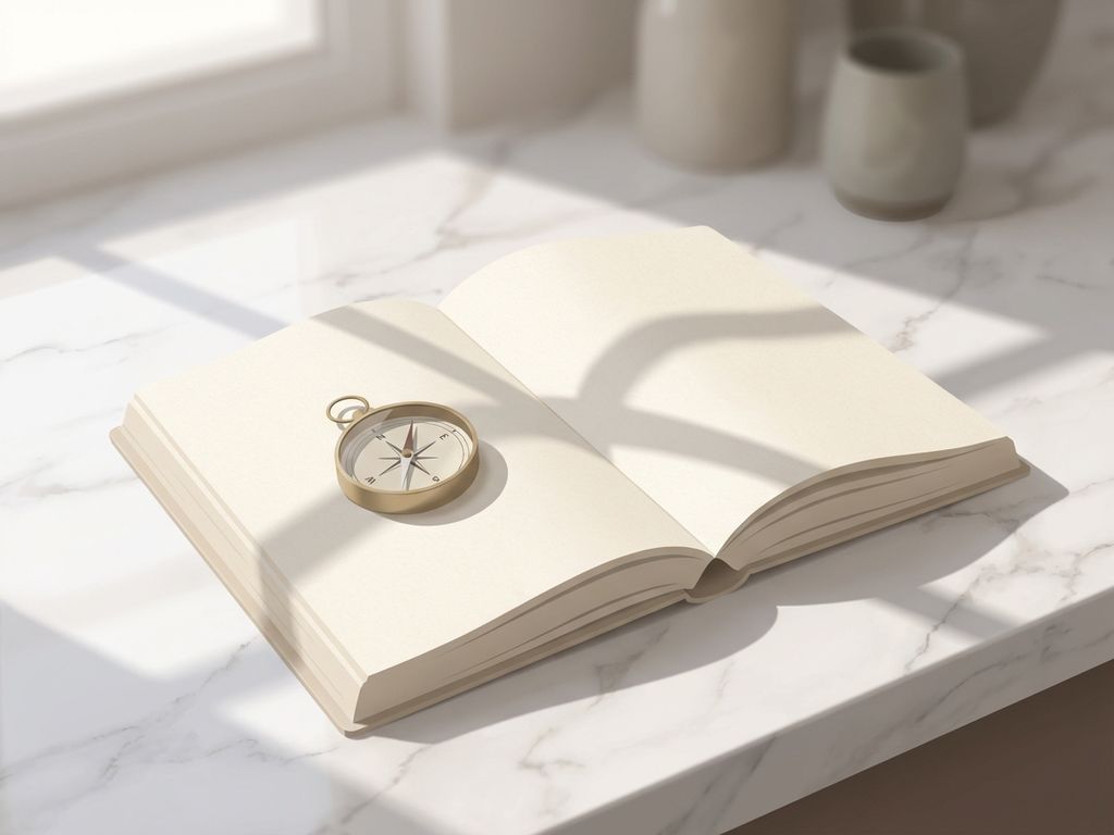 Open journal with blank pages and brass compass on white marble surface, soft morning light, minimalist cream and gold tones