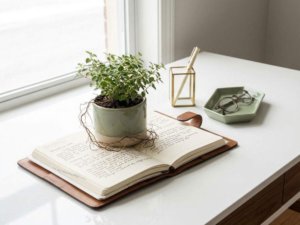 Small potted plant growing from open planner pages with intertwining roots, soft morning light, minimalist sage green and cream workspace