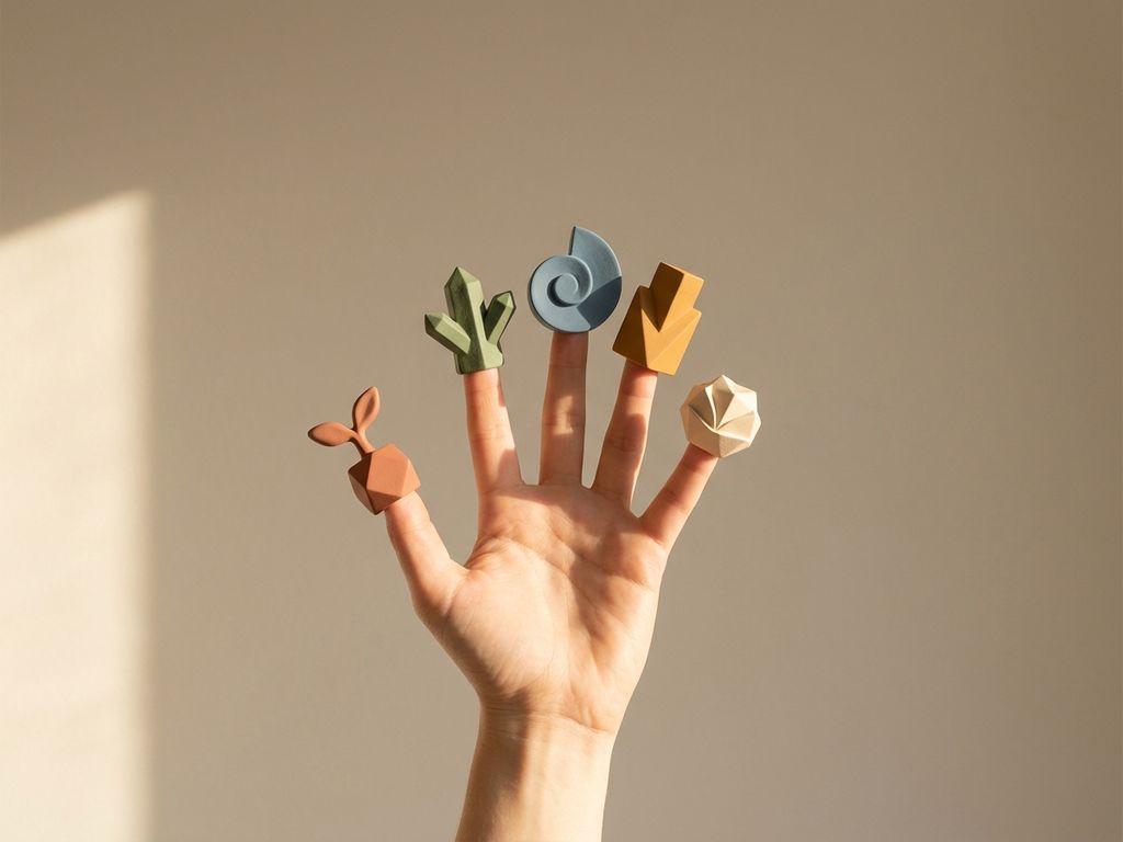 Open hand reaching upward with geometric shapes balanced on each fingertip, warm golden light, minimalist earth-tone aesthetic