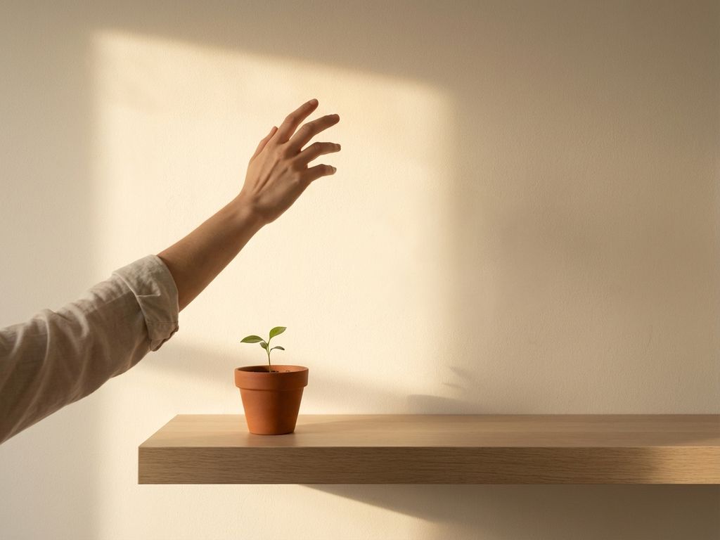 Human hand reaching upward toward natural light with fingers unfurling, small potted seedling on wooden surface, warm minimalist composition