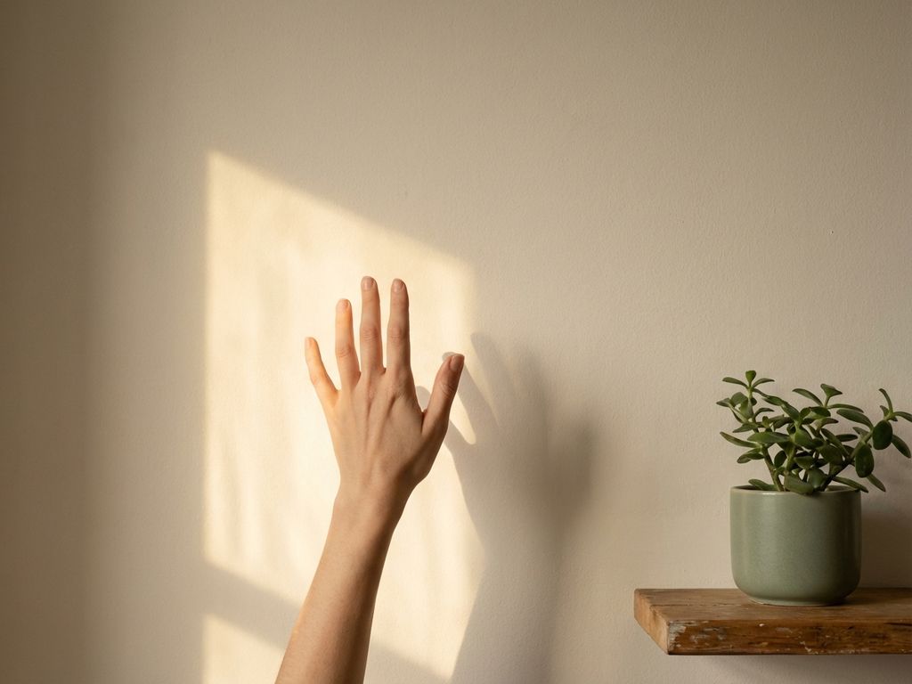 Human hand reaching upward toward golden morning light, fingers gently unfurling, with potted plant on wooden surface below