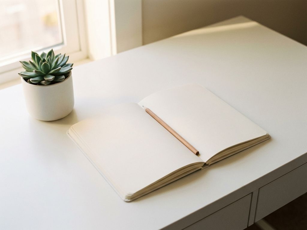 Open blank journal with wooden pencil on minimalist white desk beside small potted succulent in soft morning light