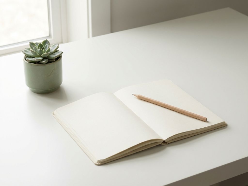 Open notebook with blank pages and wooden pencil on white desk, small succulent plant nearby, soft natural lighting