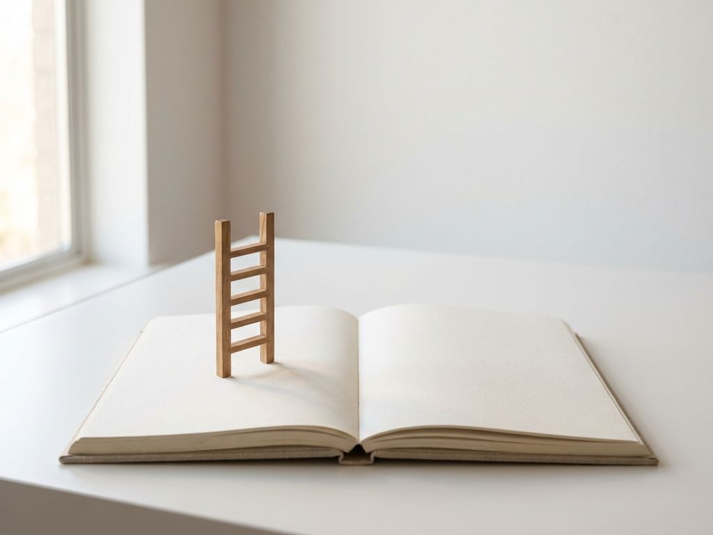 Open notebook with blank pages and small wooden ladder figurine on white desk in soft morning light, minimalist composition