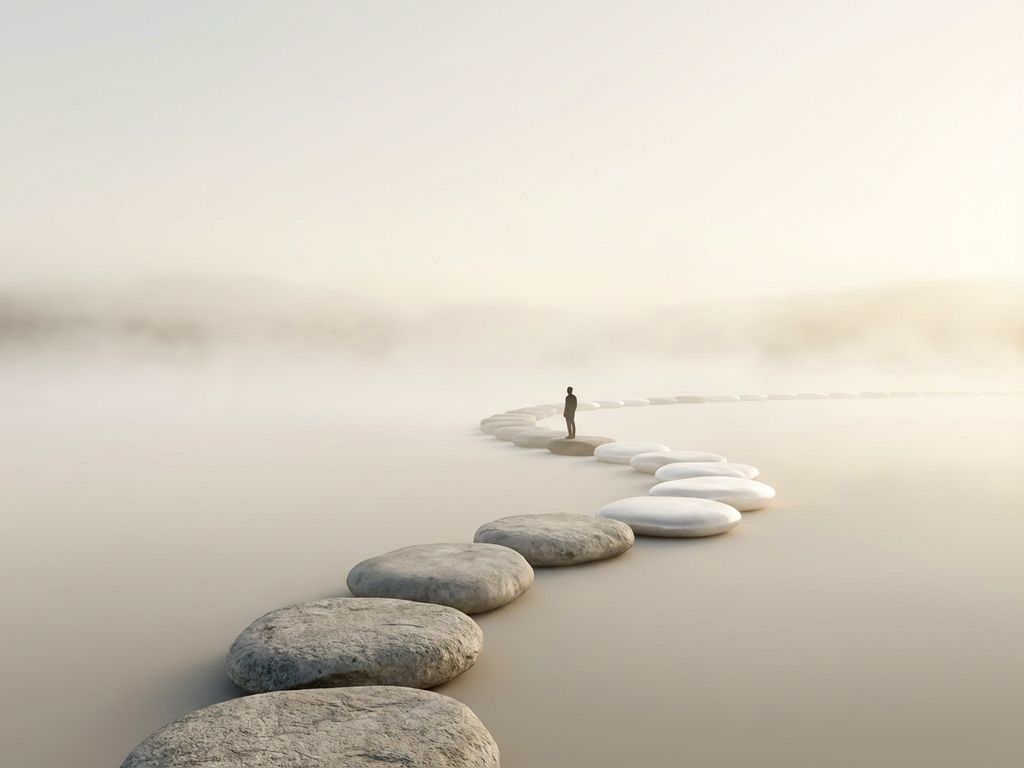 Winding stepping stone path through misty minimalist landscape with small human silhouette midway, stones transition grey to white