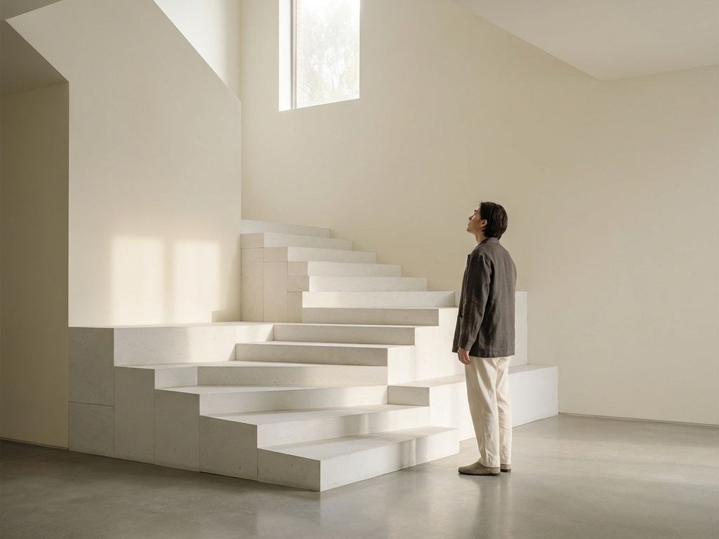 Person gazing upward at minimalist white geometric staircase bathed in soft morning light, calm earth tone palette