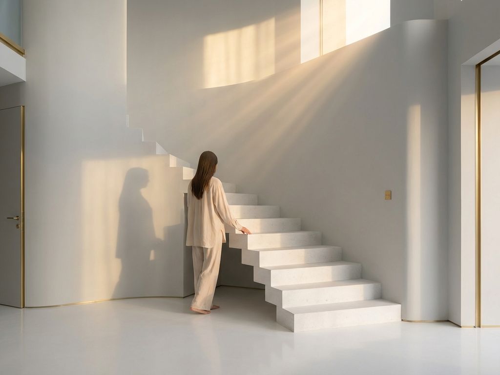 Person reaching toward next step on white geometric staircase bathed in soft golden morning light with minimalist composition