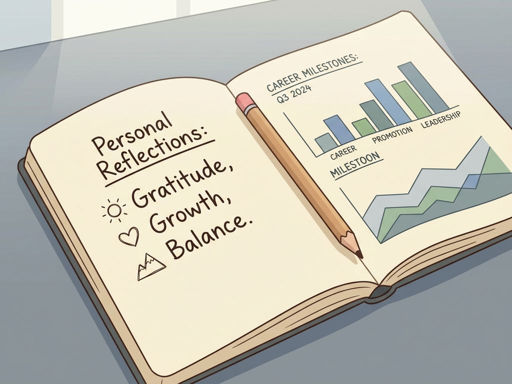 Open notebook on white desk with handwritten reflections and sketched goals on left, professional charts on right, pencil across spine