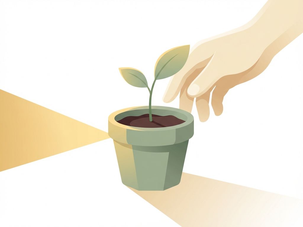 Gentle hand nurturing a small seedling in a minimalist clay pot, bathed in warm golden light with soft shadows