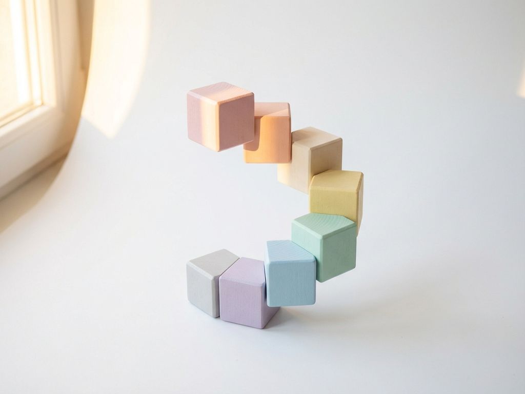Eight pastel wooden building blocks arranged in ascending spiral formation on white surface with soft natural lighting