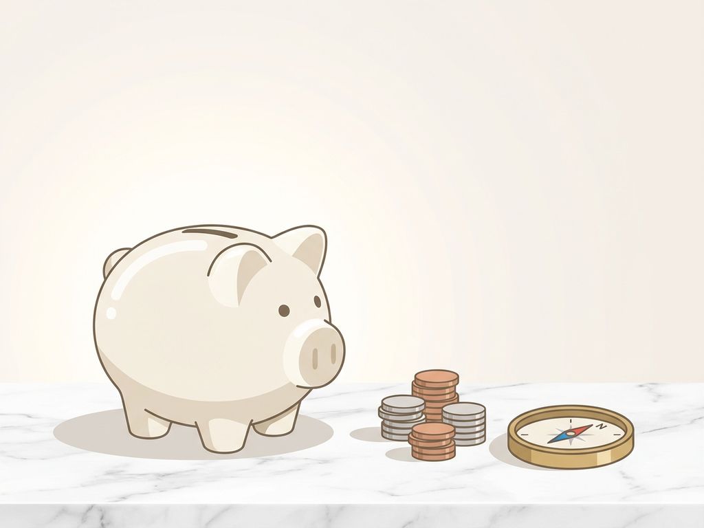 Porcelain piggy bank with stacked copper and silver coins and compass on white marble surface, flat vector art style