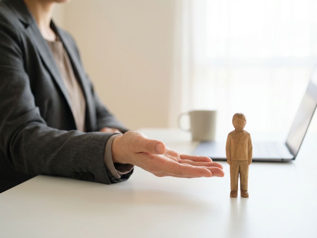 Small wooden person figure on white desk with professional's open hand reaching toward it in soft natural light