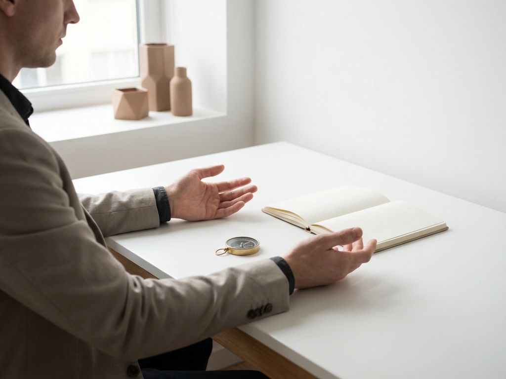 Professional seated at minimalist white desk with compass and blank notebook, soft natural window light, calm neutral tones