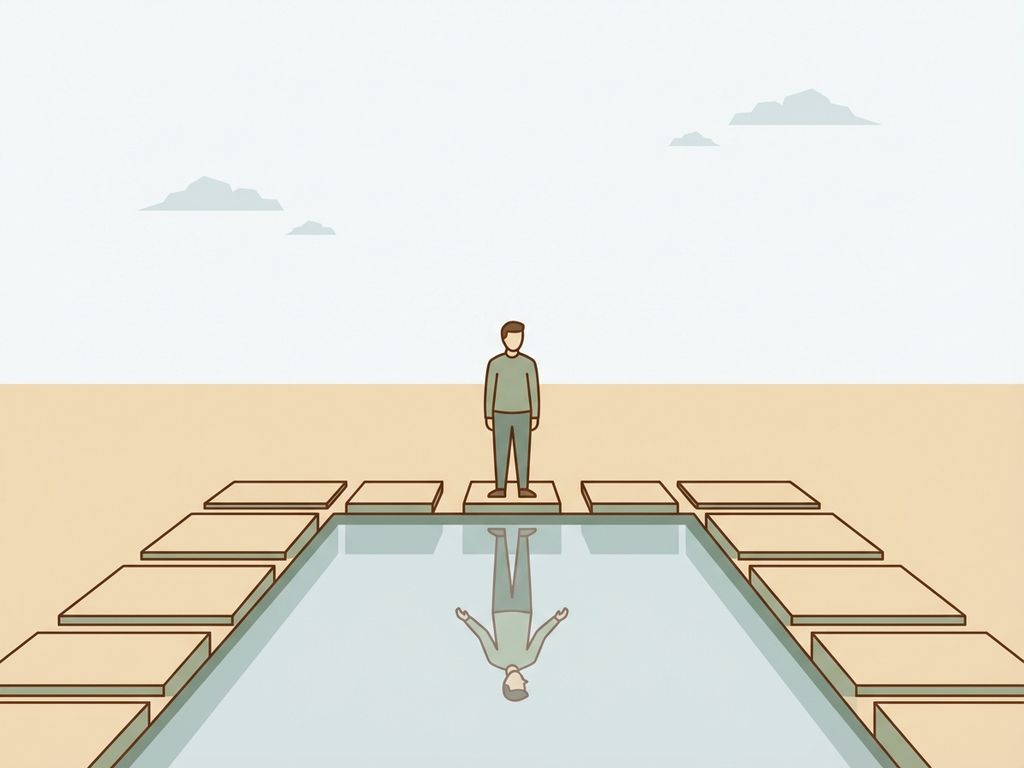 Person standing at reflective pool edge with mirrored reflection showing transformed posture, geometric stepping stones, minimal vector art style