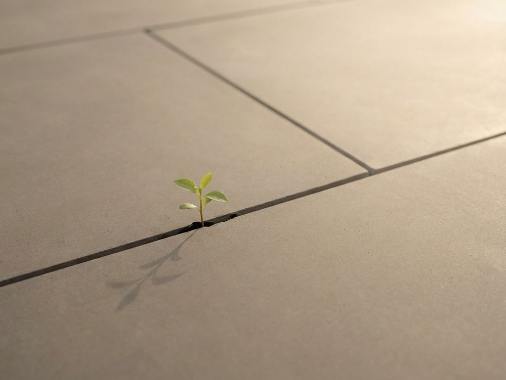 Small green seedling emerging from crack in concrete slab, bathed in warm golden hour light with gentle shadow