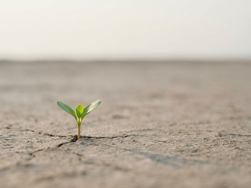 Delicate green seedling sprouting from cracked dry earth, reaching toward soft morning light with minimalist composition