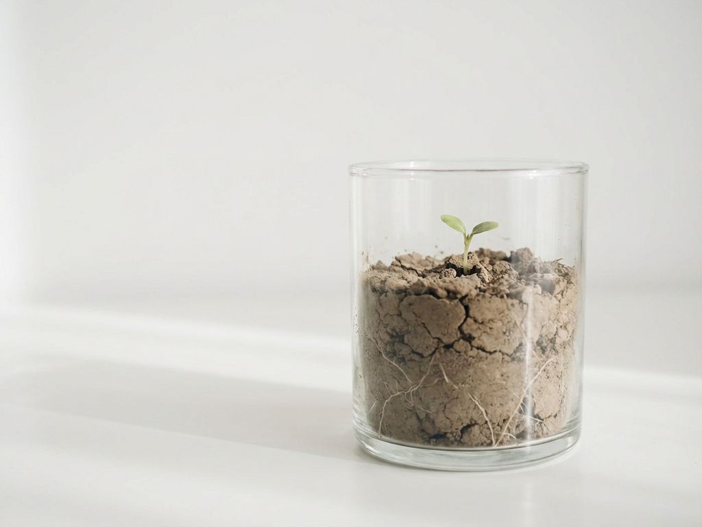 Seedling sprouting from cracked soil in glass jar with visible roots, reaching toward soft light on white minimalist background