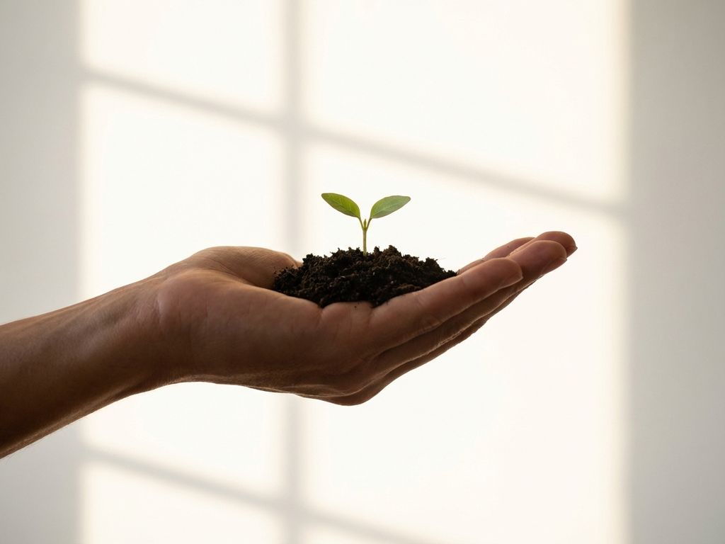 Open hand gently cradling a small green seedling in dark soil, backlit by soft golden morning light against a white background