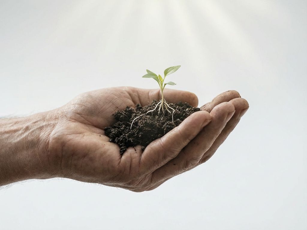 Open hand cradling a small seedling with visible roots in dark soil, soft natural lighting against minimalist white background