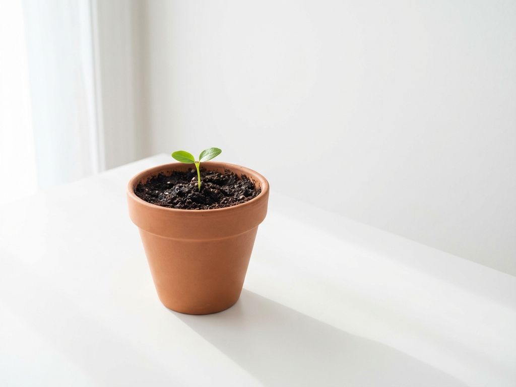 Small green seedling with delicate leaves sprouting from dark soil in terracotta pot, bathed in soft morning light on white surface