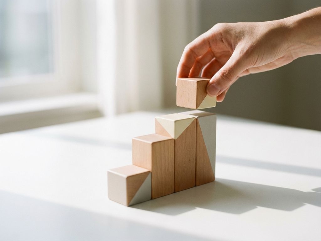 Hand placing final wooden block on ascending five-step staircase, minimalist white background with soft natural lighting