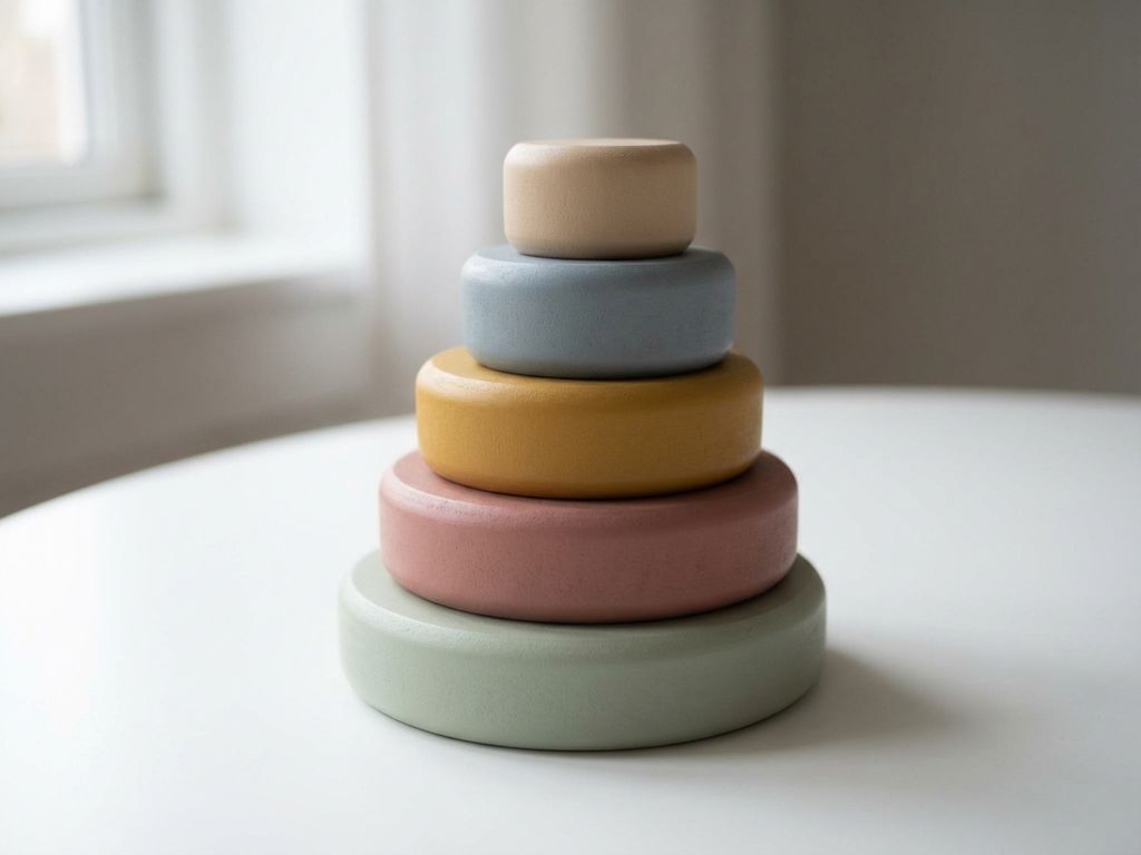 Five pastel wooden blocks stacked in ascending spiral formation on white surface, representing growth stages with soft natural lighting