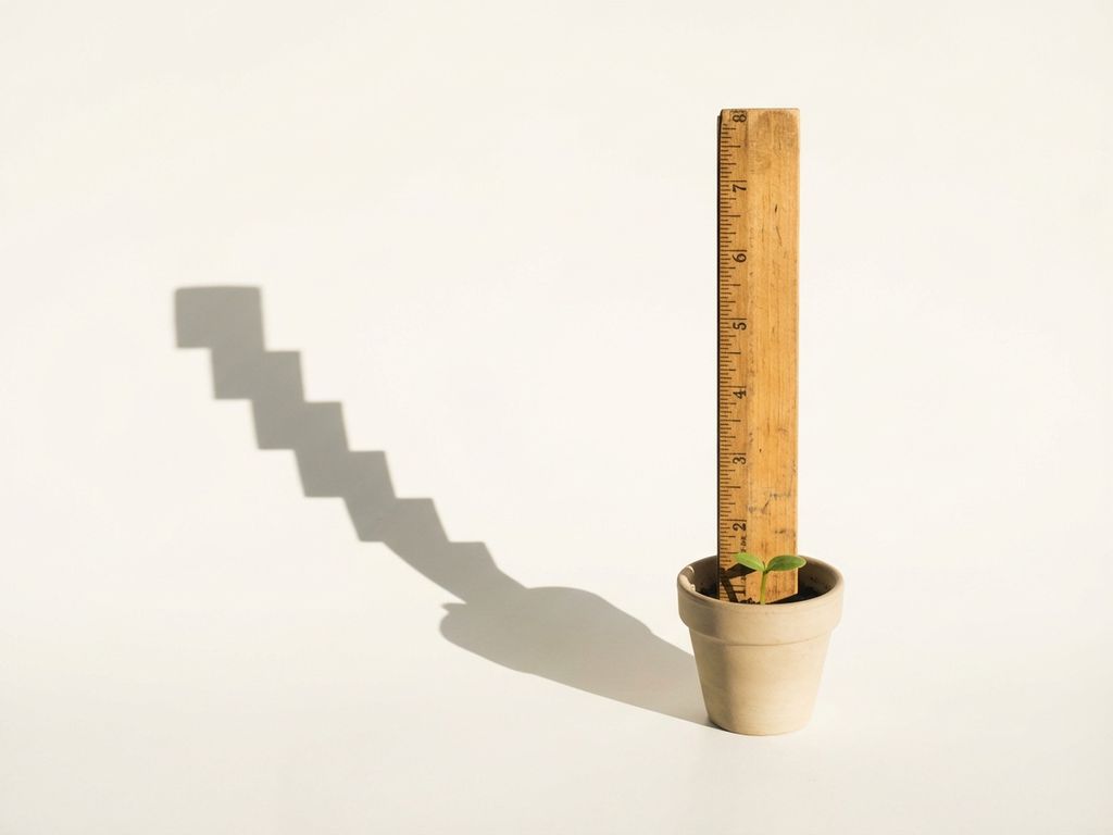 Wooden ruler standing vertically beside a small potted seedling on white surface with soft morning light and stepped shadow