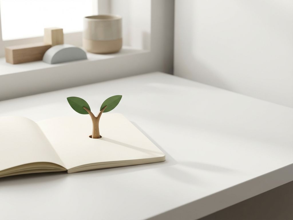 Wooden seedling sprouting through an open notebook on a minimalist white desk with soft natural light and neutral tones