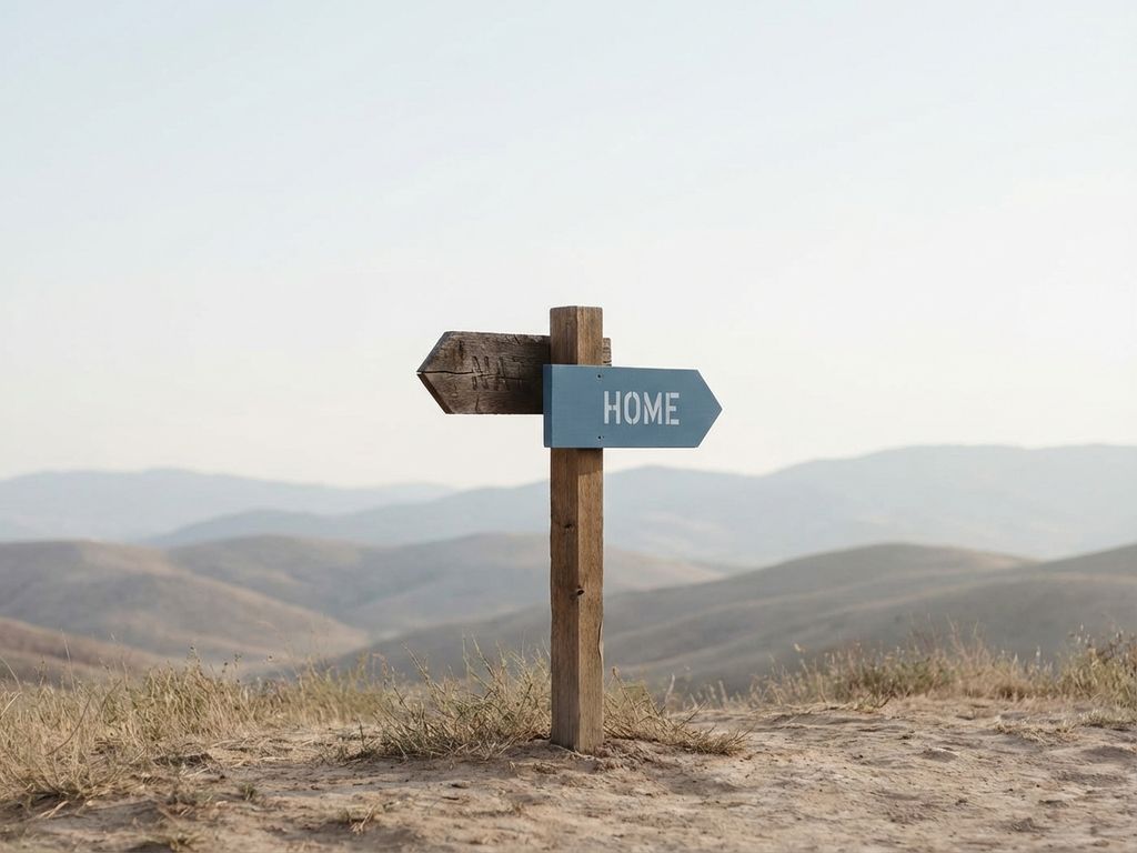 Wooden signpost with two directional arrows, one weathered and one freshly painted, against minimalist rolling hills in muted tones