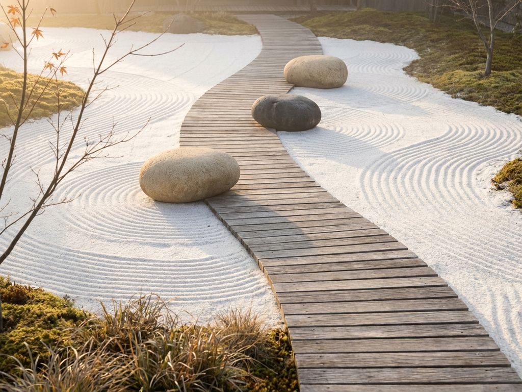 Wooden stepping stones ascending through minimalist zen garden with raked white sand and smooth river stones in soft morning light
