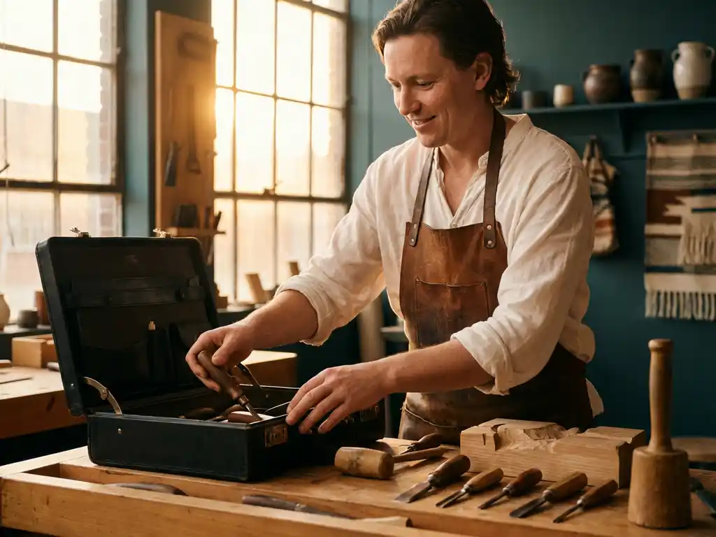 A professional in his thirties practises his craft at a modern workbench, with his tools next to his briefcase, in a warmly lit studio in Utrecht.