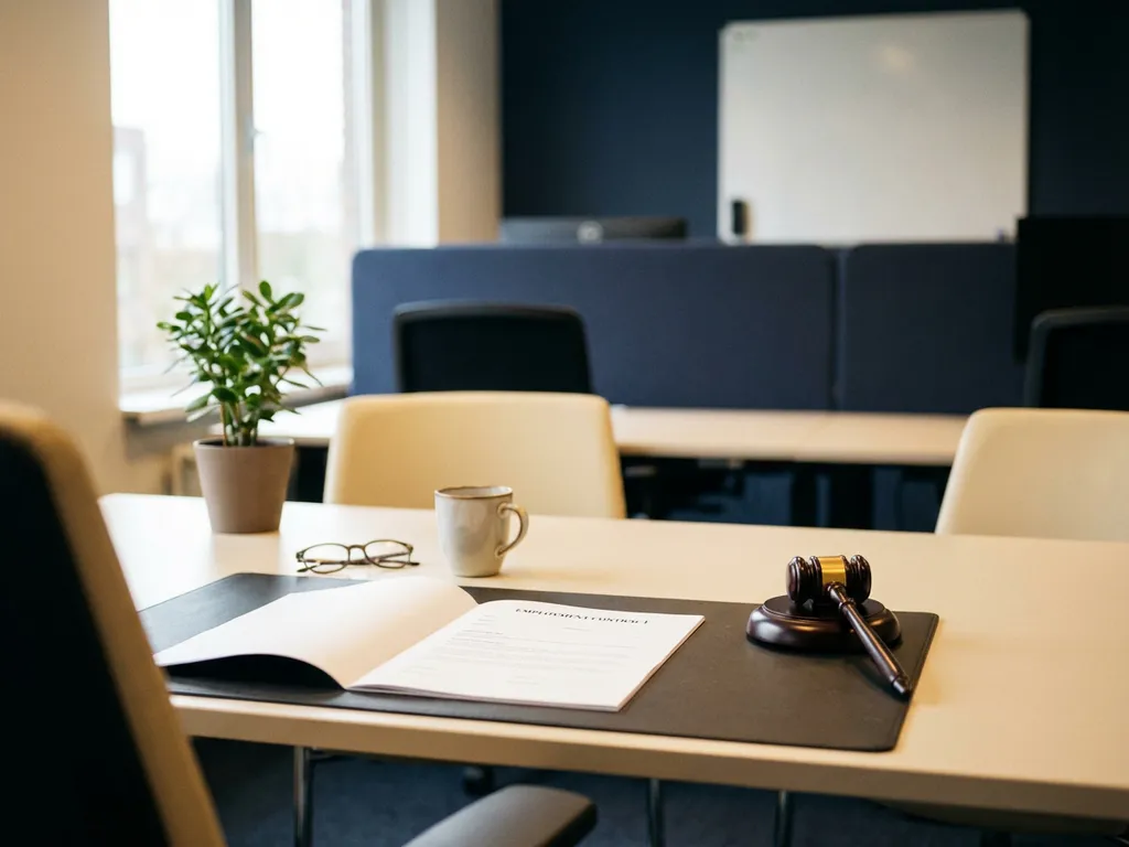 Open employment contract next to a wooden hammer on a tidy desk, with a green plant and natural light in modern office.
