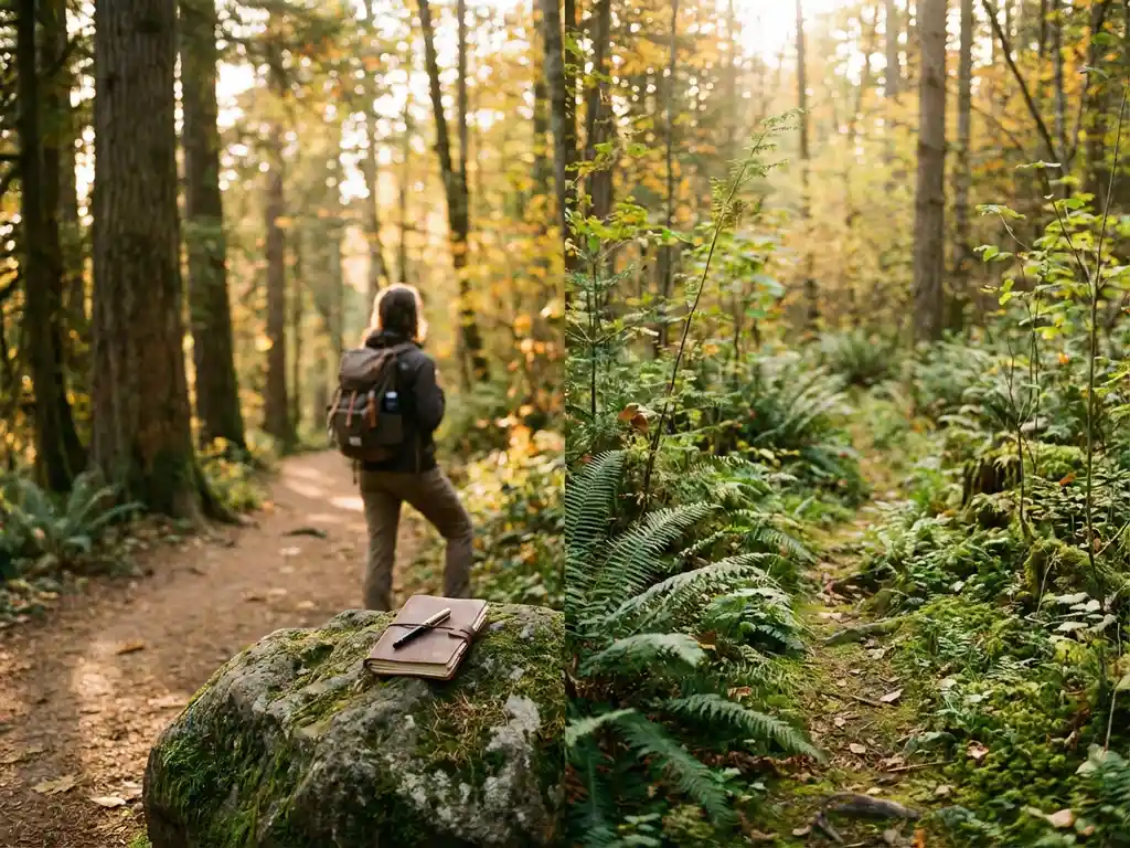 A person on a forest path at a fork, with one worn and one overgrown path; a leather-bound notebook on a moss-covered stone; golden hour lighting.