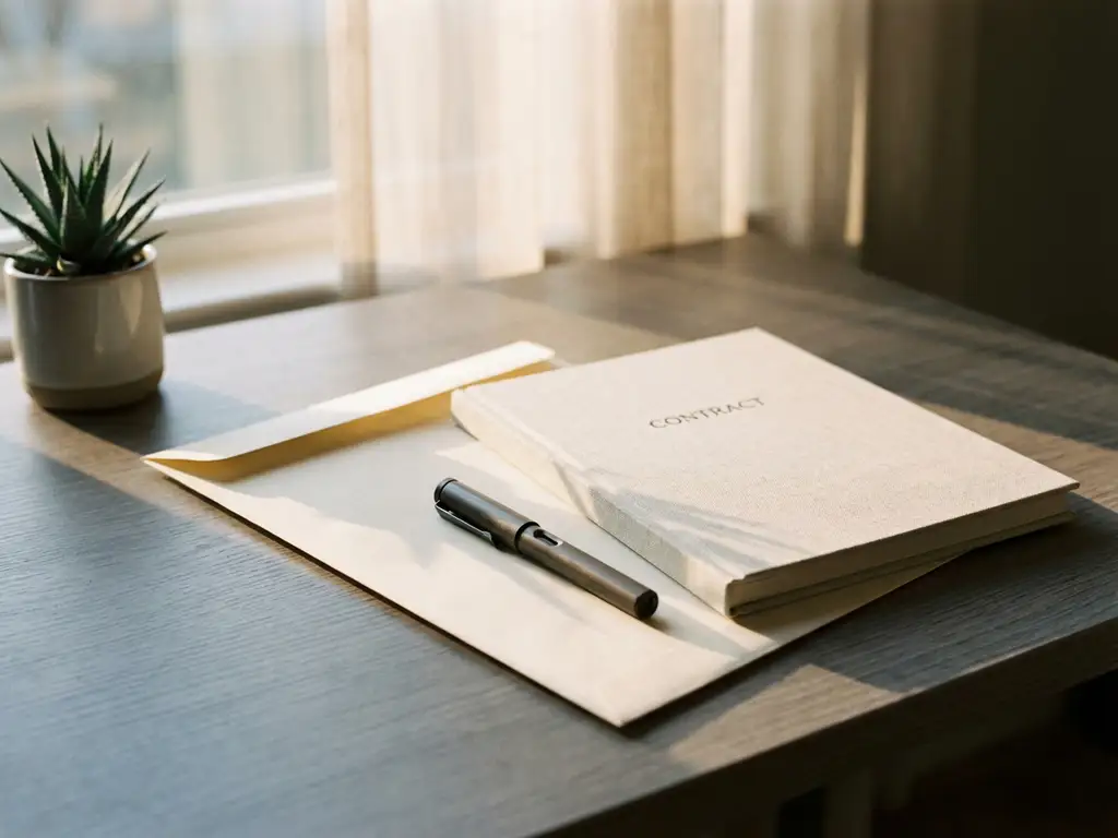 Folded contract and envelope on modern desk with pen, potted plant and warm natural light.