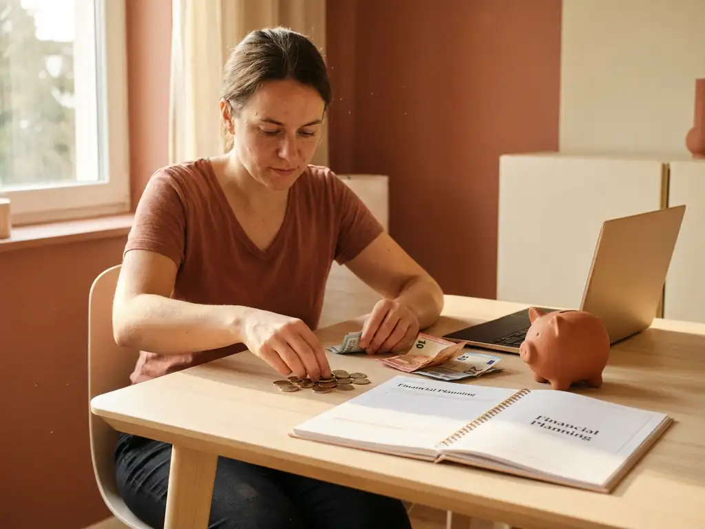 A freelancer counts euro coins and banknotes at a wooden desk next to an open textbook and a piggy bank, in the warm afternoon light.