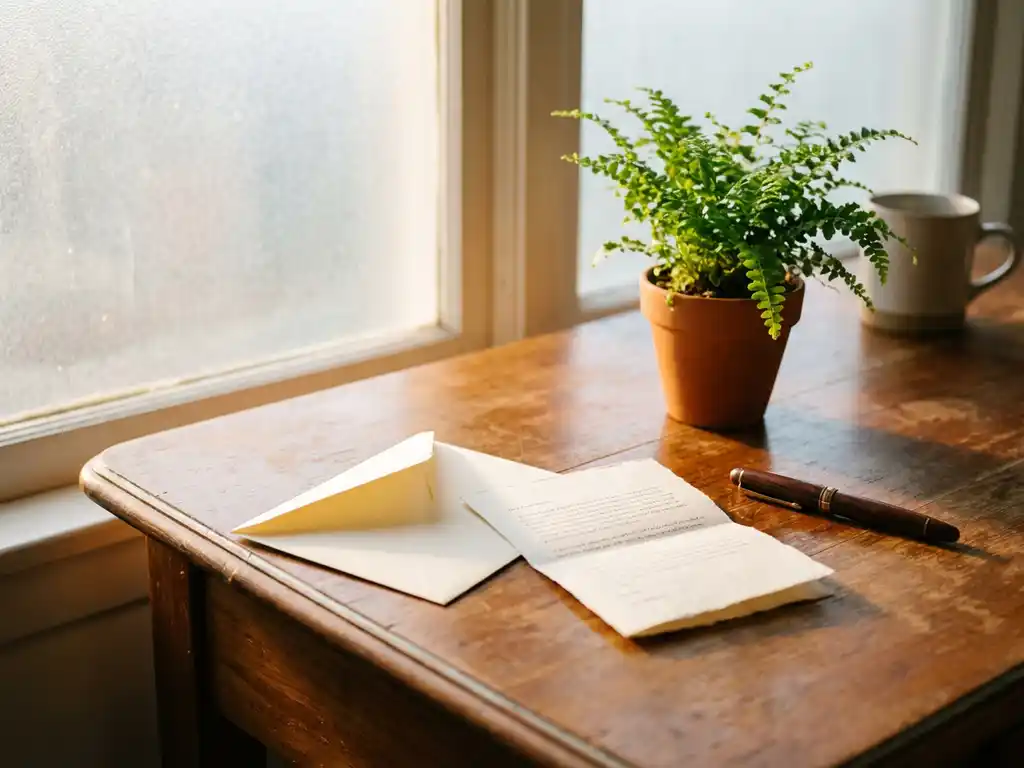 Open envelope with folded document and green plant on wooden desk, warm morning light through frosted glass window, quiet office atmosphere.
