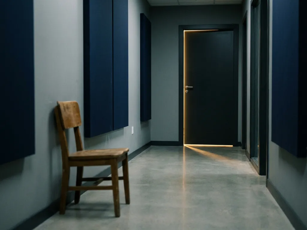 Lege houten stoel in een moderne kantoorgang met grijze tinten, terwijl een kier in de deur warm goudkleurig licht werpt op de betonnen vloer.