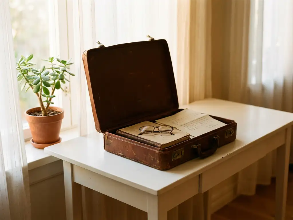 Open leather briefcase on modern desk with personal items and folded document, green plant on windowsill in warm daylight.