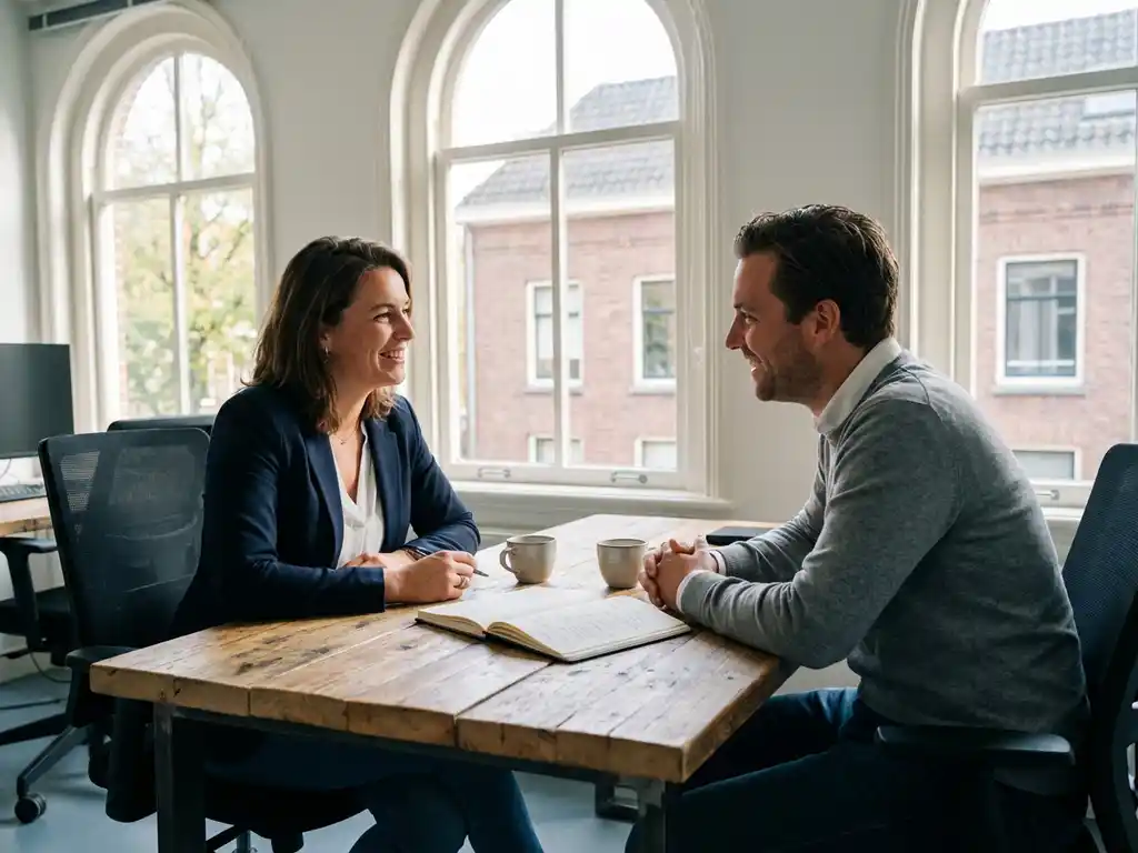 Career coach and job seeker in conversation at wooden desk in bright modern Utrecht office, with notebook and coffee.