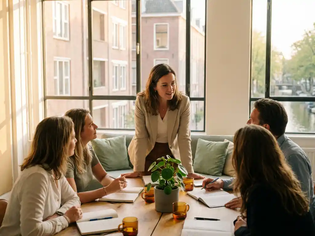 Loopbaancoach in gesprek met drie volwassenen rond een tafel met notitieboeken en een plant in een licht modern kantoor in Utrecht.