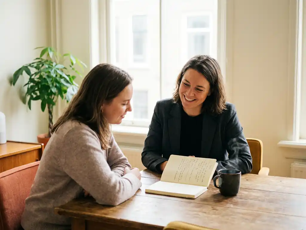 Coach and job seeker in conversation at wooden table in Utrecht office, with notebook and coffee in warm natural light.
