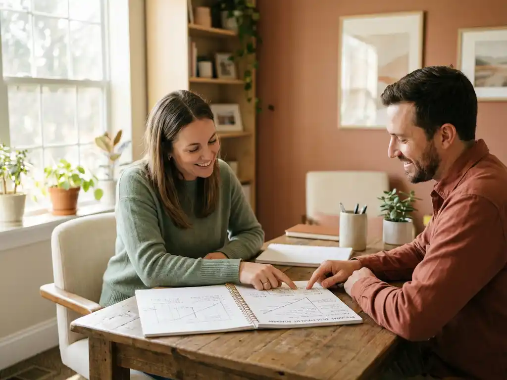 Small business owner and career coach review a personal development plan together at a wooden desk in a bright office with plants.